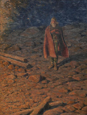 Viking at Signal Fire on Mountain Top